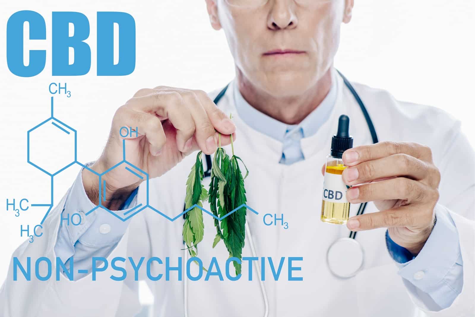 cropped view of doctor in white coat holding cbd oil and marijuana leaf isolated on white with non-psychoactive cbd illustration