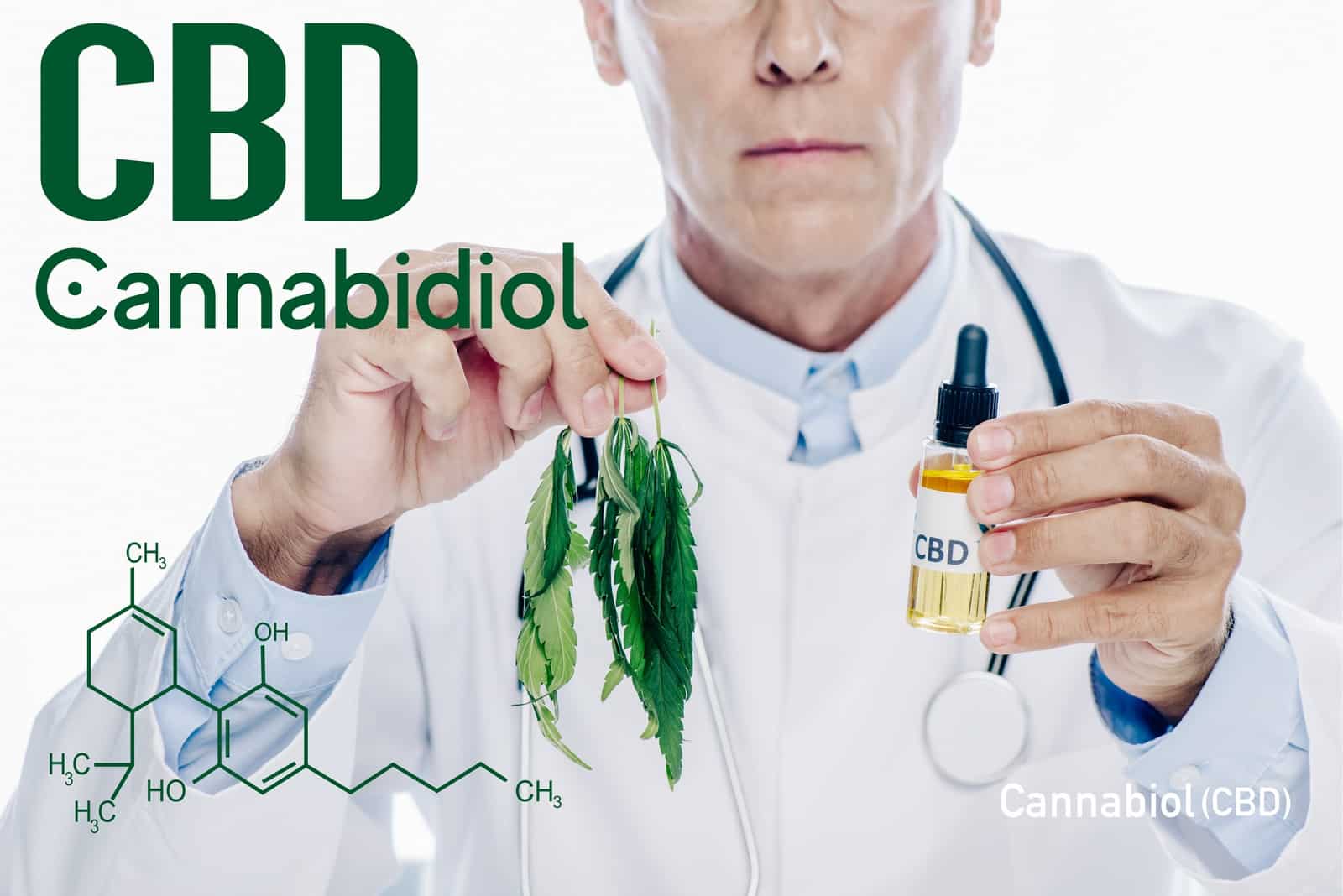 cropped view of doctor in white coat holding cbd oil and marijuana leaf isolated on white with cbd molecule illustration