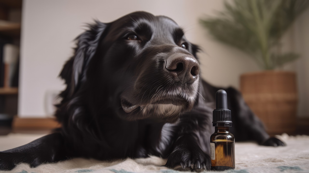 Pet dog taking CBD hemp oil from dropper for anxiety treatment, Generative AI Technology