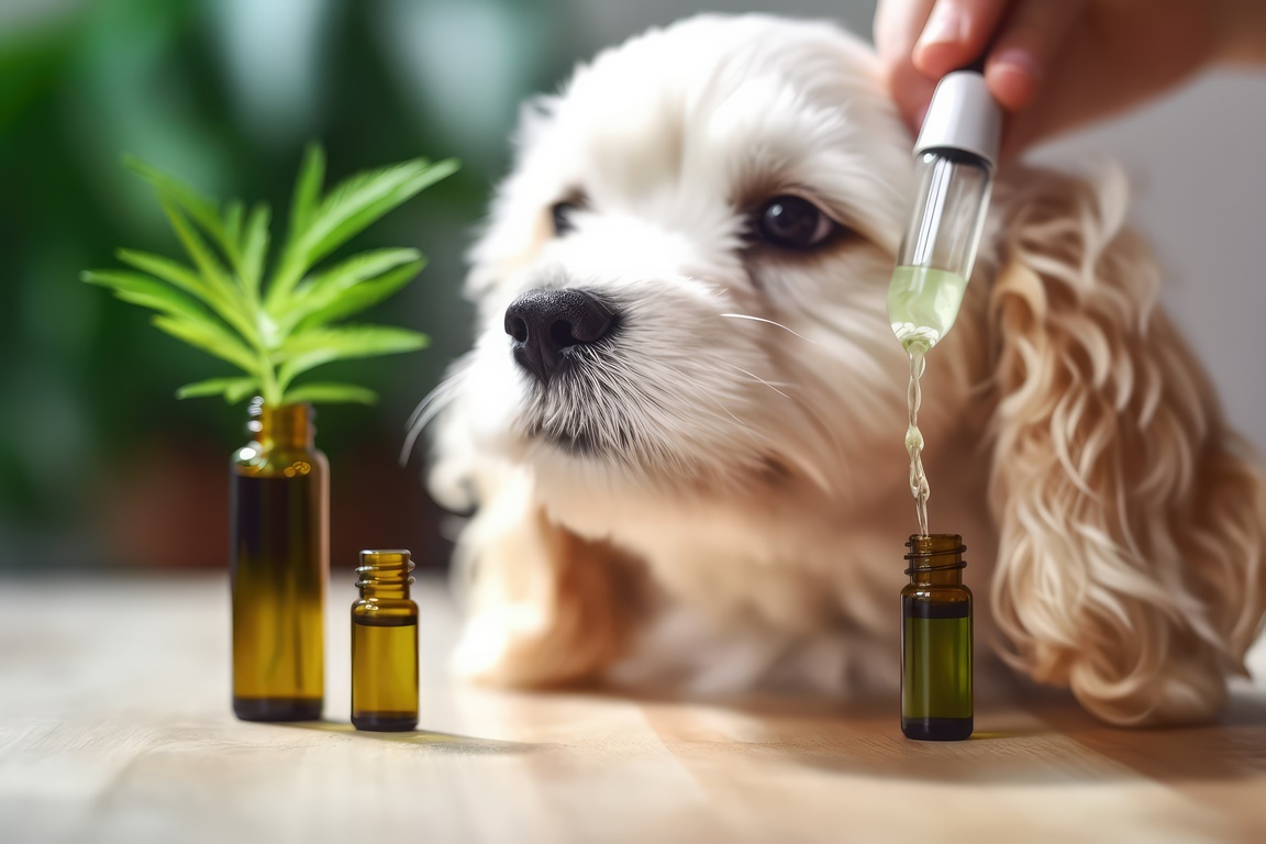 Pet dog taking CBD hemp oil from dropper for anxiety treatment, Generative AI Technology