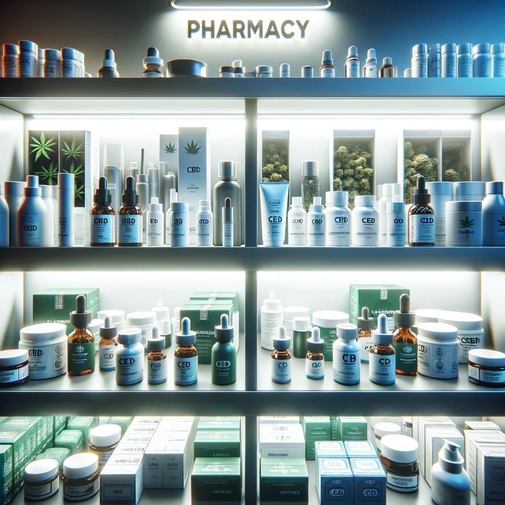 DALL·E 2024-01-05 13.14.42 - Photo of a pharmacy shelf filled with cannabidiol (CBD) products, featuring a variety of bottles, capsules, and creams. The mood is professional. Clea