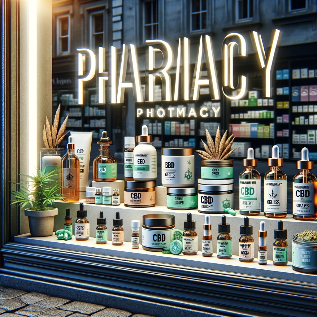 DALL·E 2024-01-05 13.18.20 - Photo of a pharmacy window display featuring various CBD products, such as oils, capsules, and creams, with information on their benefits. The mood is
