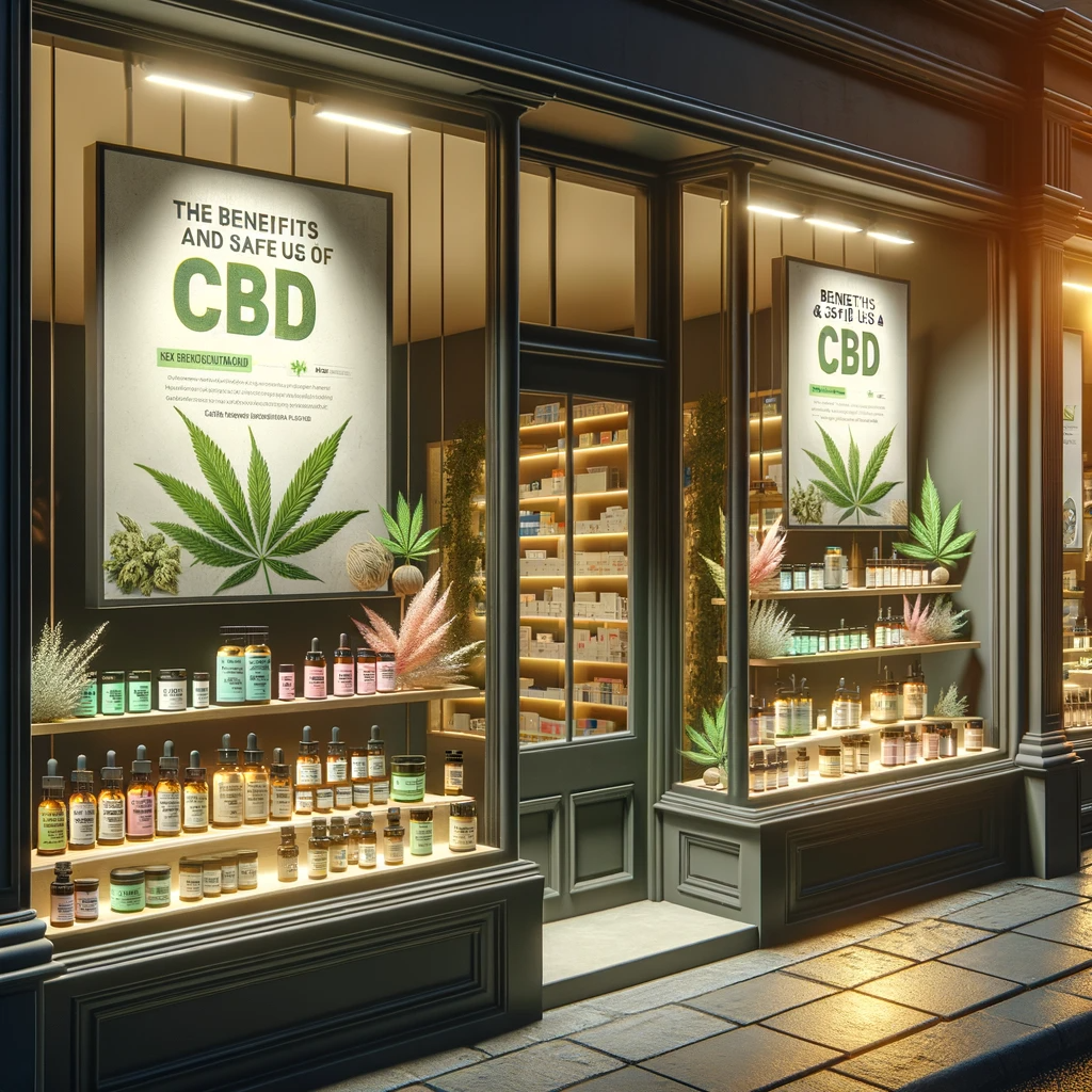 DALL·E 2024-01-05 13.18.38 - Photo of an exterior window display of a pharmacy featuring CBD products, with educational posters on the benefits and safe use of CBD. The mood is in