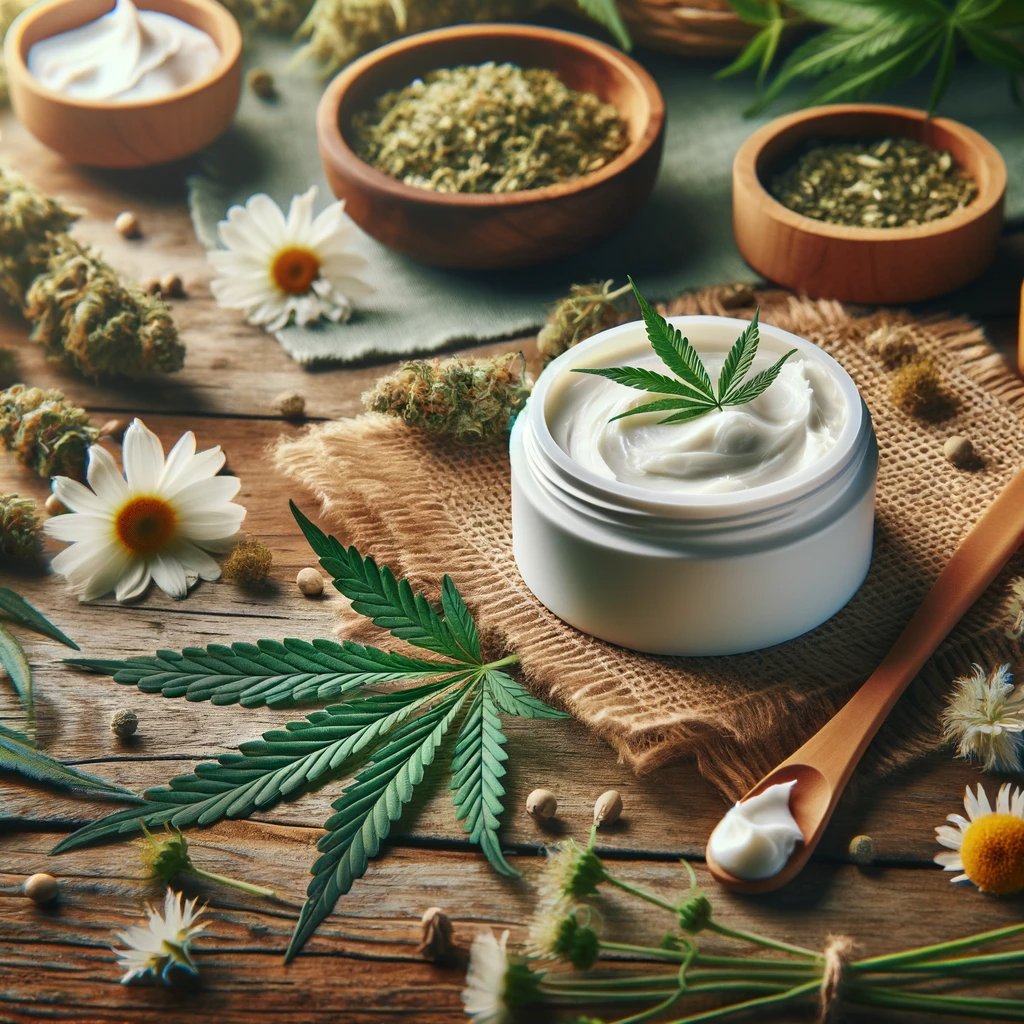 DALL·E 2024-01-05 13.56.15 - Photo of a jar of CBD cream on a wooden table with natural ingredients like hemp leaves and flowers. The mood is natural. Soft, natural light illumina