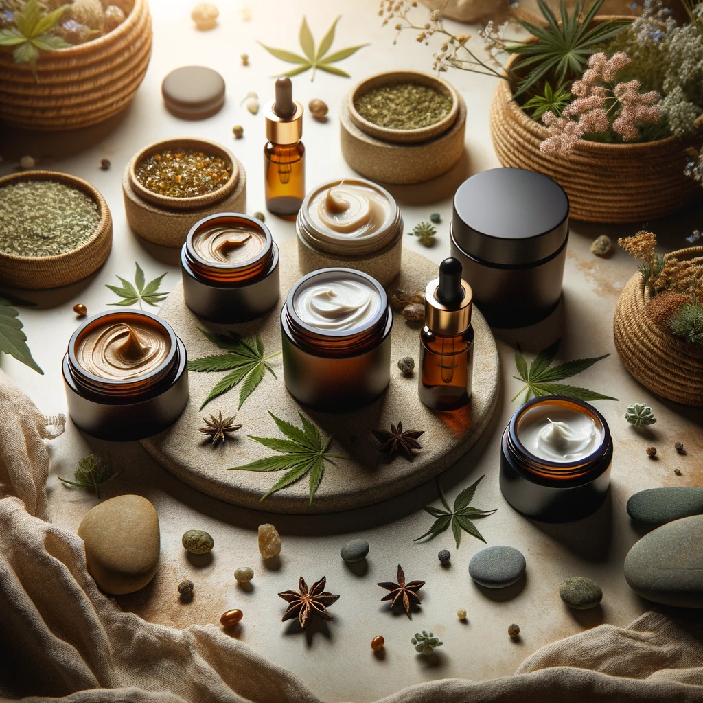 DALL·E 2024-01-05 13.58.16 - Photo of an artistic composition of different types of CBD creams, presented on a table with natural elements like stones and plants. The mood is harm