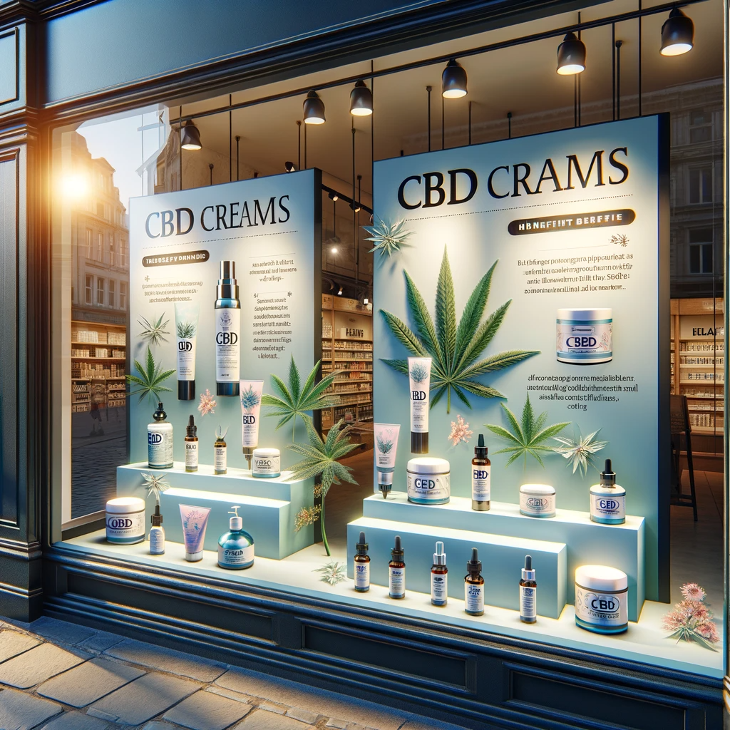 DALL·E 2024-01-05 13.59.13 - Photo of a store window showcasing a range of CBD creams, with explanatory panels on their benefits for the skin. The mood is inviting. Bright and cle