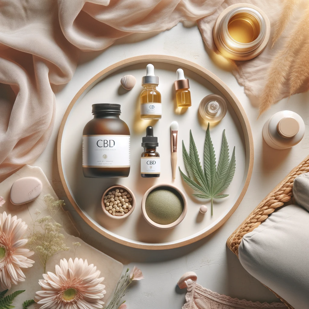 DALL·E 2024-01-05 15.20.27 - Photo of a composition of pregnancy-safe CBD products, such as oils and supplements, presented in a gentle and natural setting. The mood is care. Soft