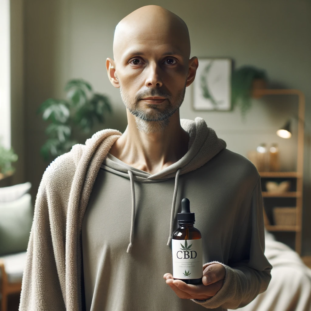 A person with a shaved head, possibly sick with cancer, standing next to a bottle of CBD.