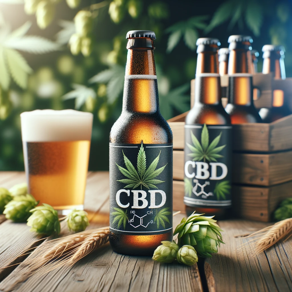 DALL·E 2024-01-09 17.11.44 - A photo of a chilled bottle of CBD-infused beer on a wooden table. The bottle has a detailed, modern label featuring hemp leaves and the CBD chemical