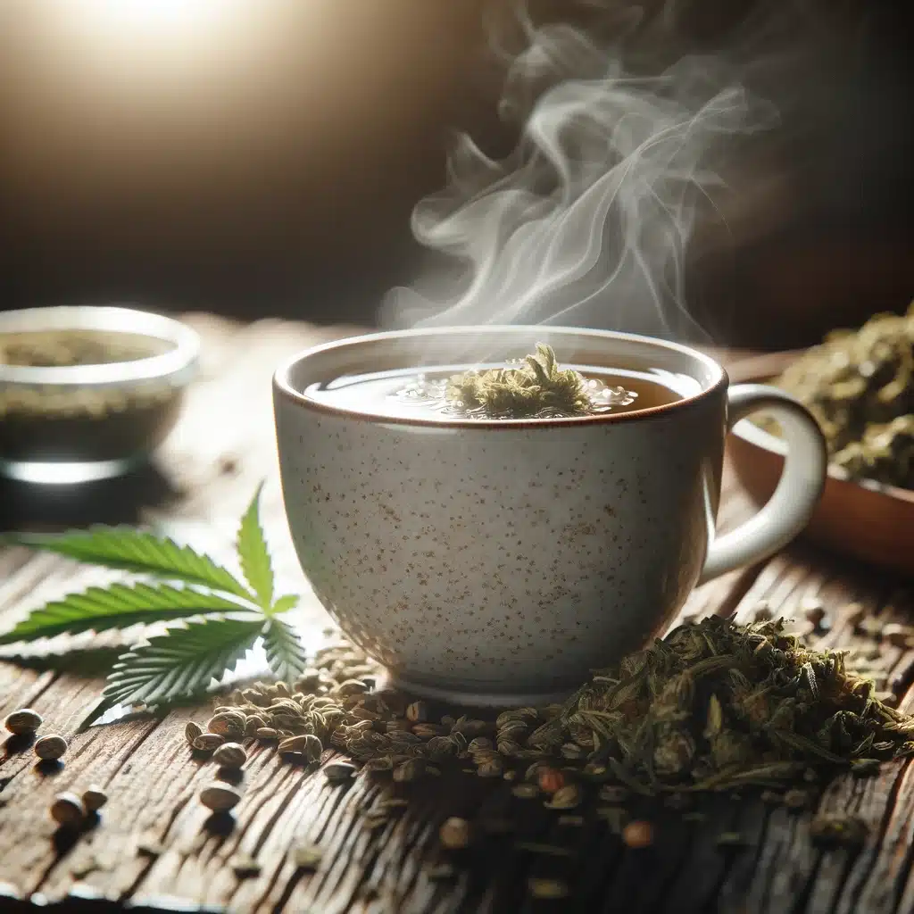 DALL·E 2024-02-18 21.36.25 - A photo of a steaming cup of cannabidiol-infused herbal tea, placed on a rustic wooden table. The scene is highlighted by soft, natural light filterin