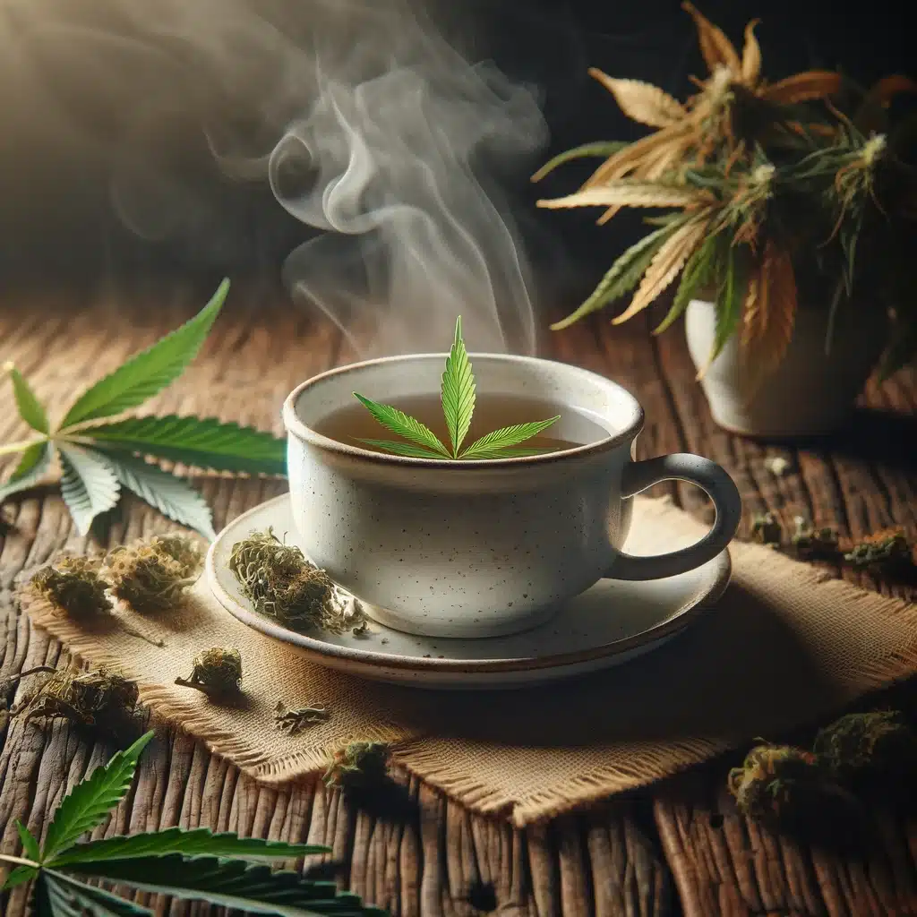 DALL·E 2024-02-18 21.36.48 - A photo of a white ceramic cup on an aged wooden table, filled with cannabidiol-infused herbal tea. Gentle steam rises from the cup, surrounded by dri
