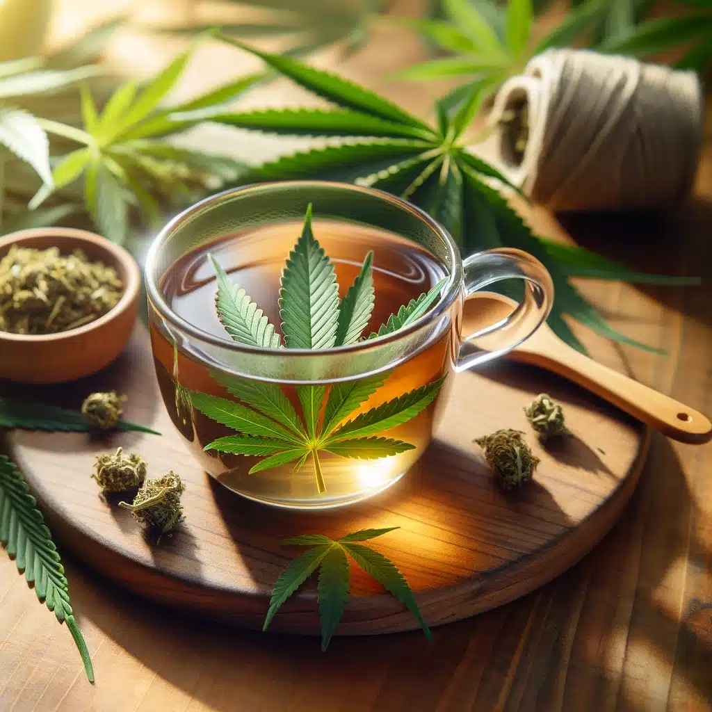 DALL·E 2024-02-18 21.36.50 - A photo of a transparent cup containing cannabidiol-infused herbal tea, placed on a natural wooden countertop. Around the cup, there are fresh hemp le
