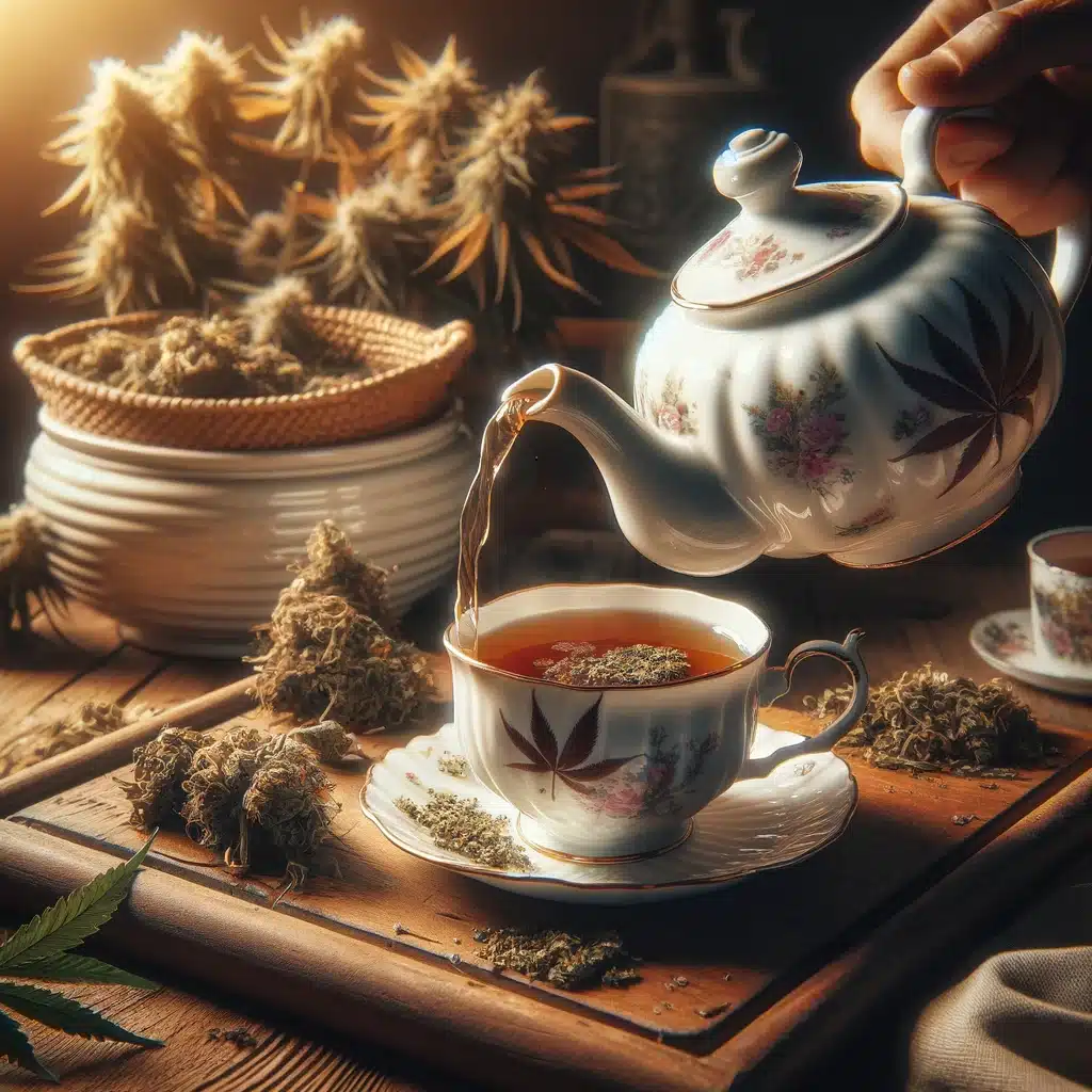 DALL·E 2024-02-18 21.36.53 - A photo of a delicate porcelain teapot pouring cannabidiol-infused herbal tea into a matching cup, set on an antique wooden tray. The scene is adorned