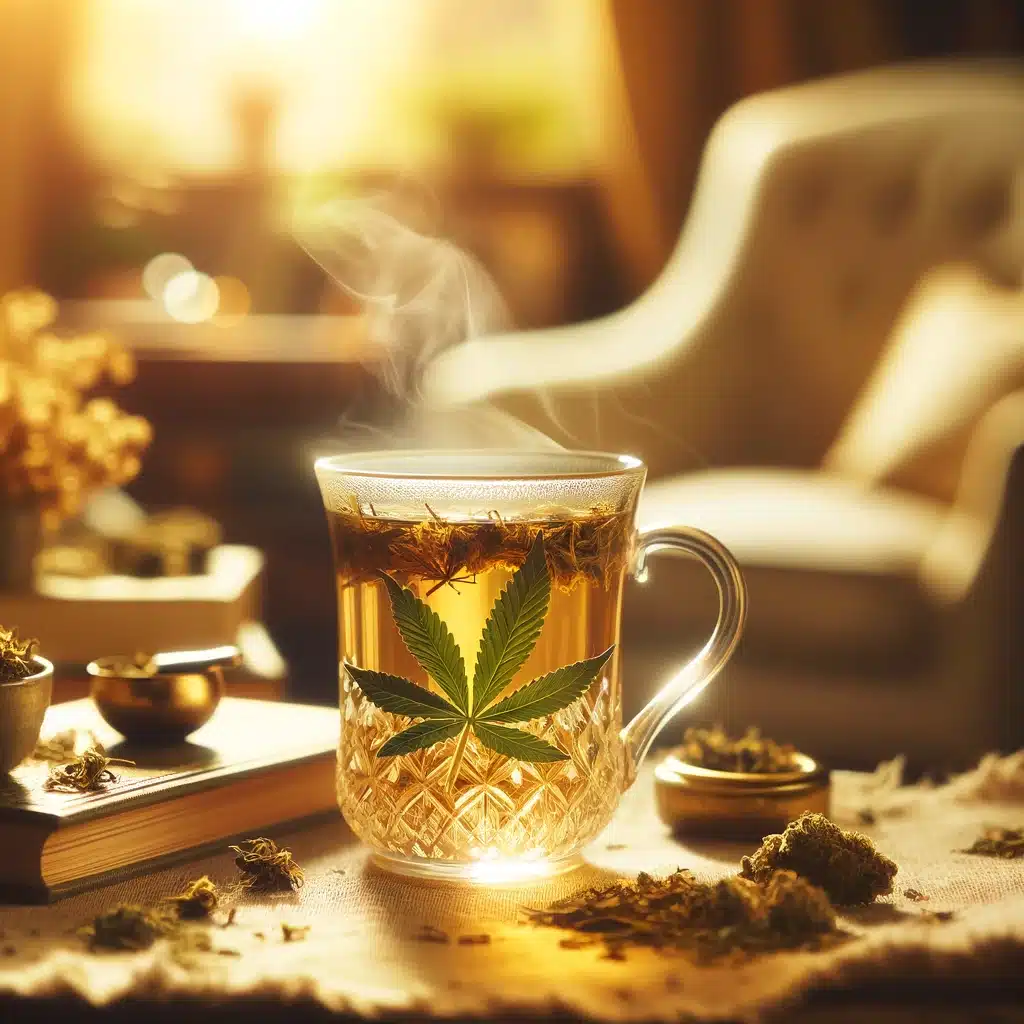 DALL·E 2024-02-18 21.36.57 - A photo of an elegant glass mug filled with golden cannabidiol-infused herbal tea, with steam gently rising above it. The mug is set against the backd
