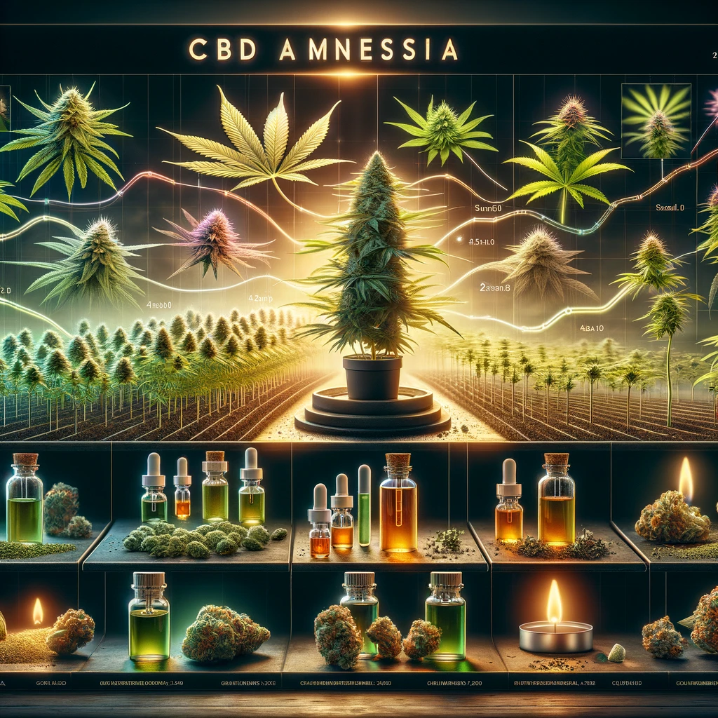 DALL·E 2024-02-19 03.00.36 - A dynamic montage showcasing various stages of CBD Amnesia cannabis growth, from seedling to mature plant, alongside finished products like oils and b