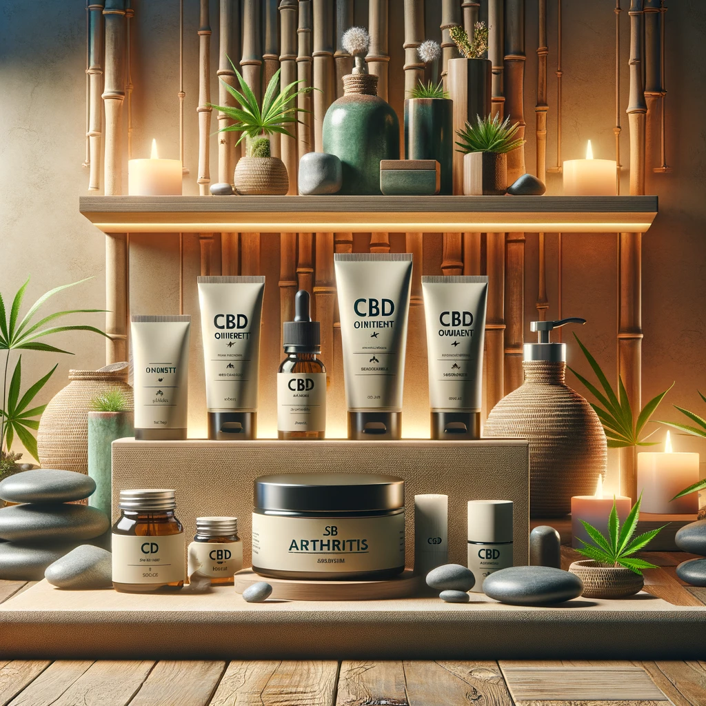 DALL·E 2024-02-19 19.00.19 - A serene spa setting with a collection of CBD ointment products elegantly displayed on a wooden shelf. The setting includes natural elements like ston