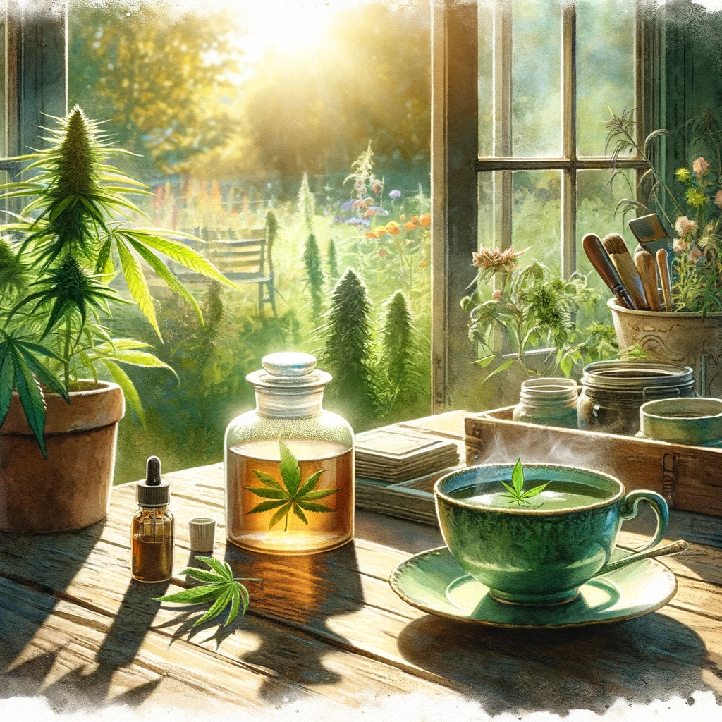 DALL·E 2024-02-20 01.35.49 - Medium_ Watercolor. Subject_ A tranquil scene featuring a cup of CBD-infused herbal tea on a vintage table, with a backdrop of a garden where hemp and