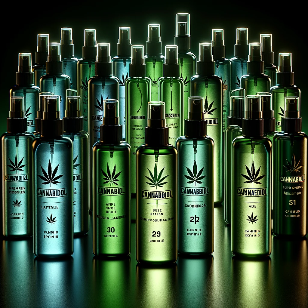 DALL·E 2024-02-20 12.39.53 - An array of cannabidiol spray bottles in various shades of green, arranged in a gradient from light to dark. Each bottle is uniquely designed but clea