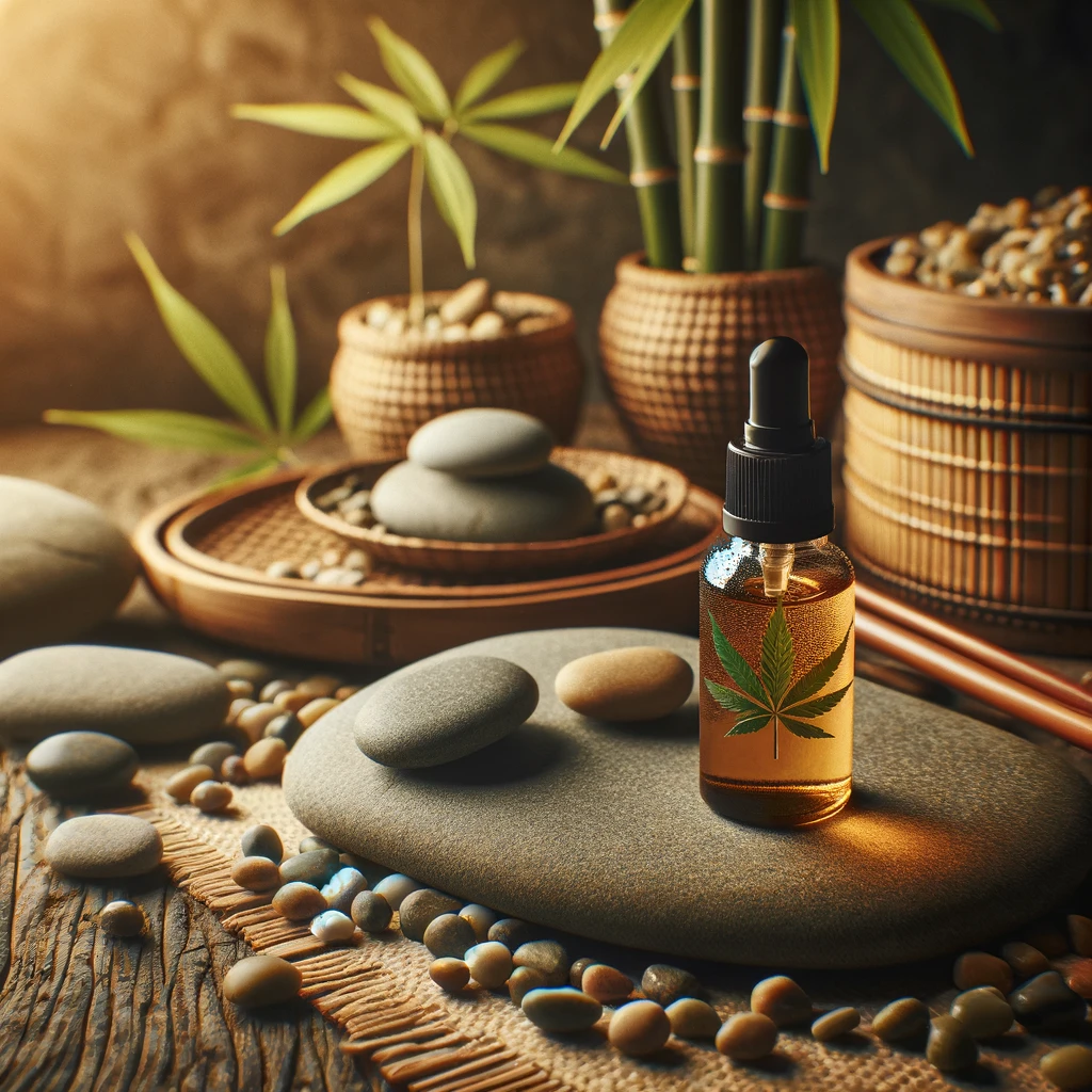 DALL·E 2024-02-20 12.39.58 - A cannabidiol spray bottle placed on a natural stone surface, surrounded by bamboo and pebbles, in a zen and balanced atmosphere. The emotion conveyed