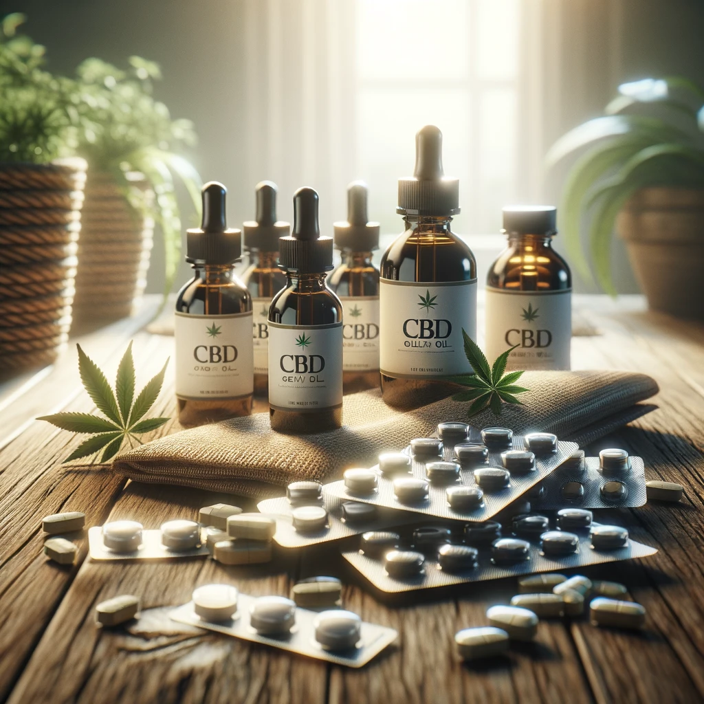 DALL·E 2024-02-20 12.51.21 - A serene and comforting environment with a focus on wellness, featuring a collection of CBD oil bottles and antidepressant medication packets neatly a