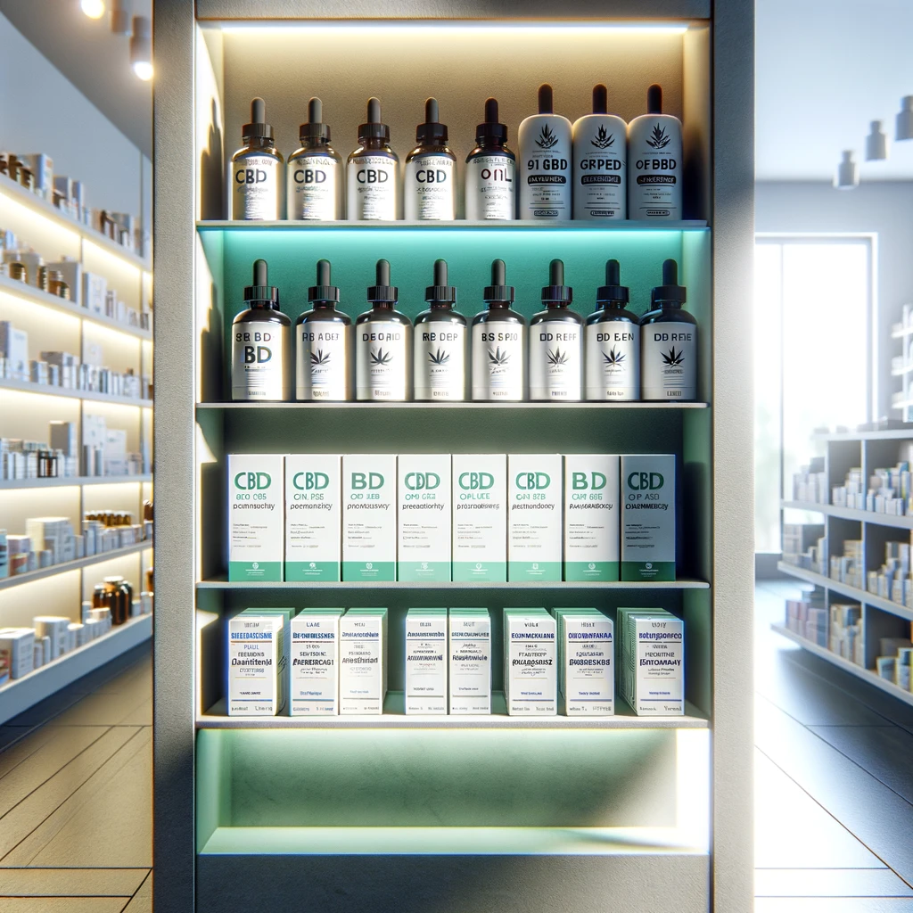 DALL·E 2024-02-20 12.56.55 - A modern pharmacy shelf, innovatively displaying both CBD oil products and antidepressant medications side by side, highlighting the increasing accept