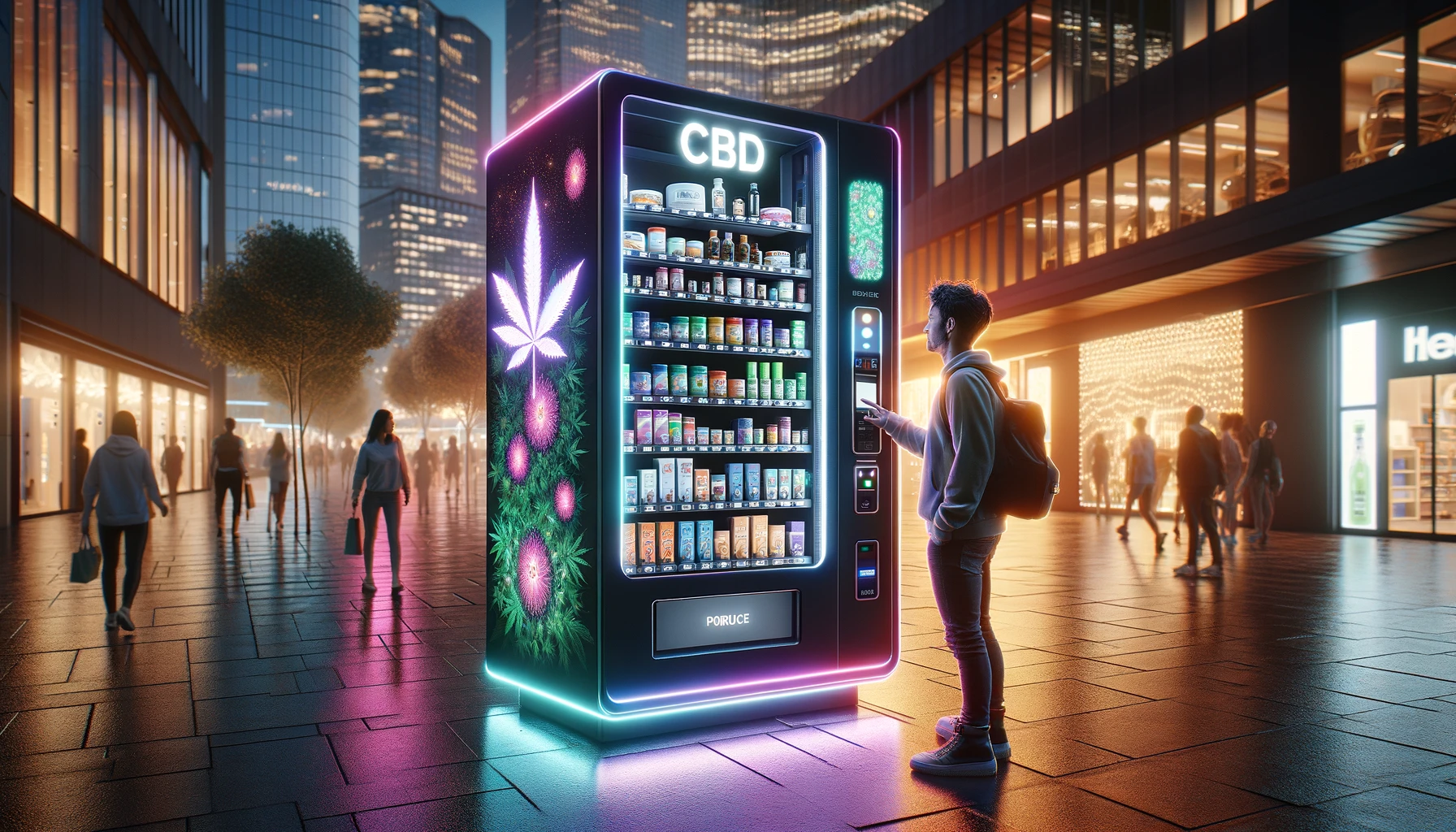 DALL·E 2024-02-20 13.13.39 - Medium_ Photo. Subject_ A visually stunning CBD product vending machine, positioned in a lively urban area at dusk. This machine is not only eye-catch
