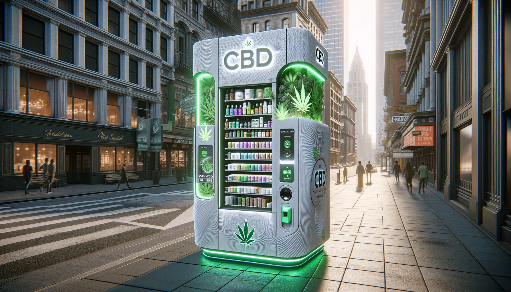 DALL·E 2024-02-20 13.13.45 - Medium_ Photo. Subject_ A unique and innovative CBD product vending machine, standing prominently on a city sidewalk. This machine, unlike any other,