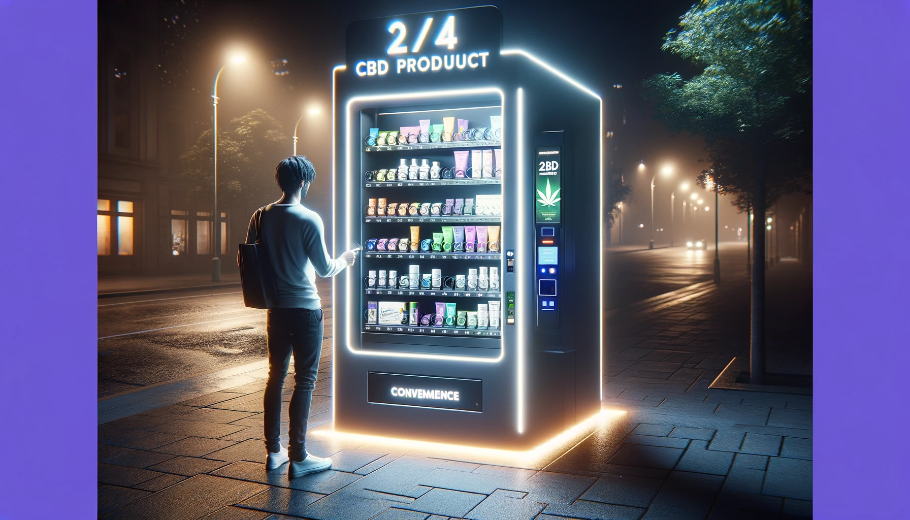 DALL·E 2024-02-20 13.13.47 - Medium_ Photo. Subject_ A futuristic, 24_7 CBD product vending machine, brightly illuminated, stands on a quiet city street at night, with a buyer in