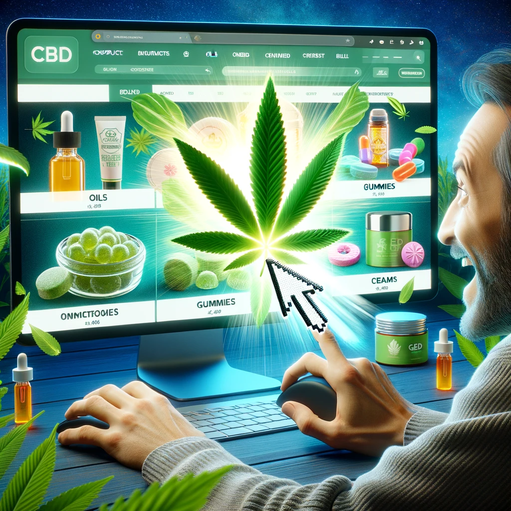 DALL·E 2024-02-20 13.58.30 - A captivating scene of a buyer with an animated, attention-grabbing mouse cursor exploring a CBD website. The cursor transforms into different shapes,