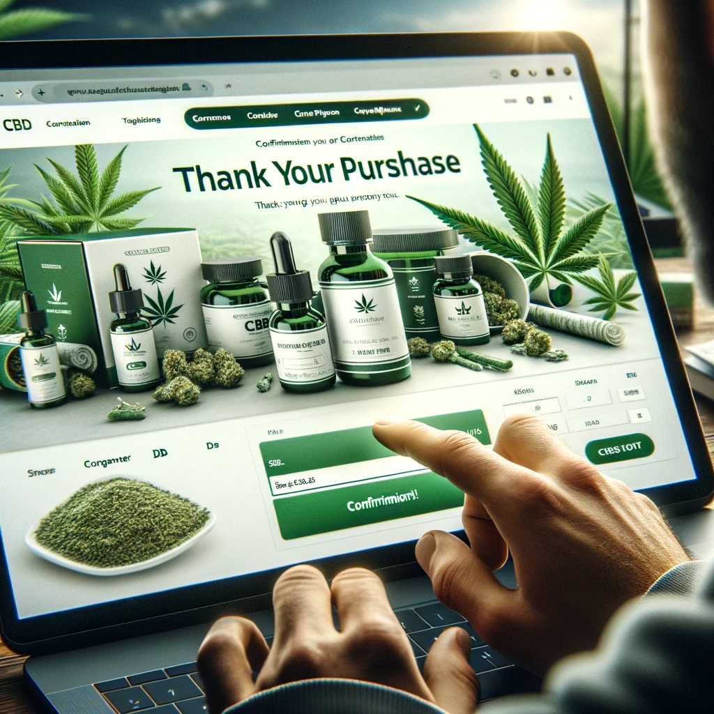 DALL·E 2024-02-20 13.58.33 - A detailed view of a consumer finalizing a purchase on a CBD website. The screen displays a confirmation page with a message thanking the customer for