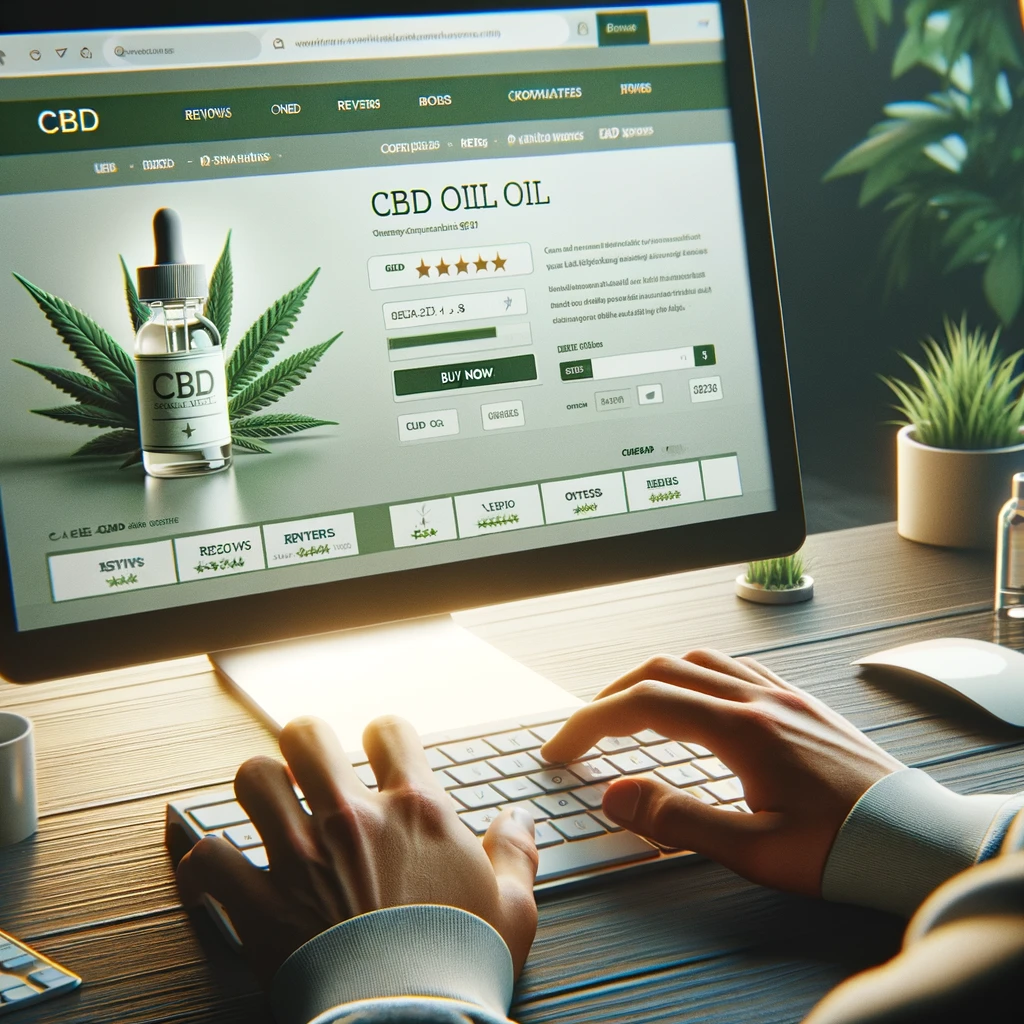 DALL·E 2024-02-20 13.58.35 - A focused view on a customer browsing a CBD website, showing the screen with a detailed product description of CBD oil. The customer's hands are visib