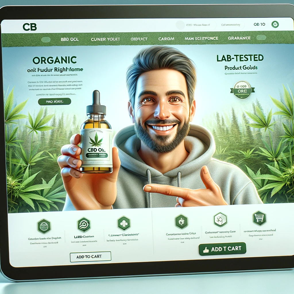 DALL·E 2024-02-20 13.58.37 - A realistic depiction of a CBD website's product page, featuring a high-resolution image of a happy buyer holding a CBD oil product with a satisfied e
