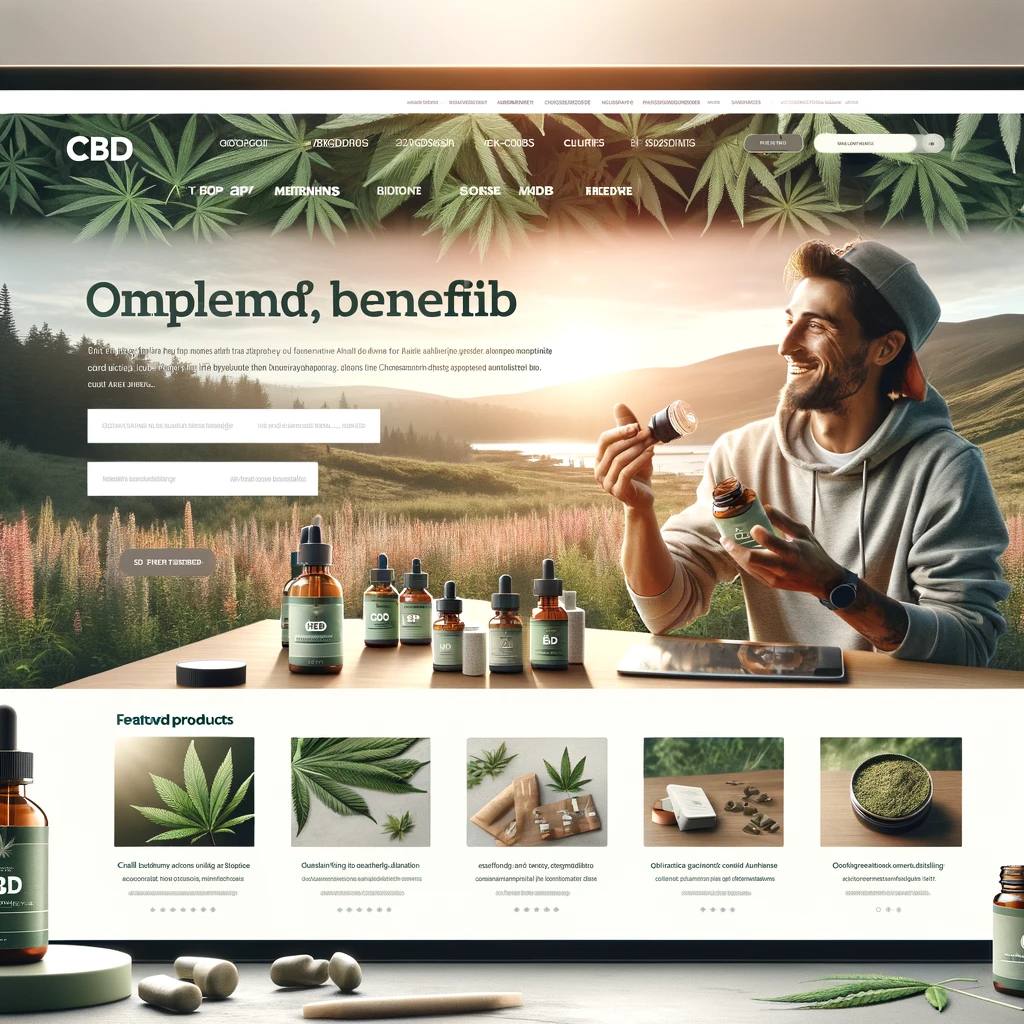 DALL·E 2024-02-20 13.58.39 - A dynamic and engaging homepage for a top CBD website, featuring a large banner image of a satisfied customer using a CBD product in a natural setting