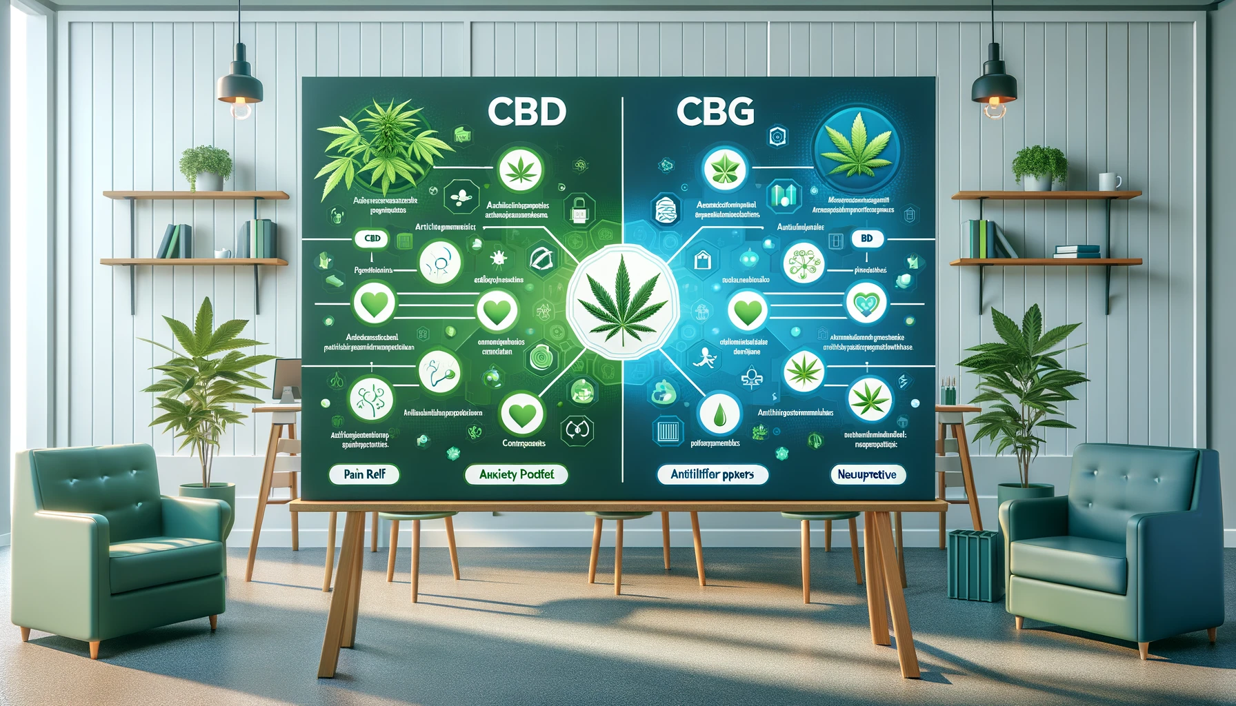 DALL·E 2024-02-20 15.17.31 - An infographic comparing the benefits and uses of CBD and CBG, featuring icons for pain relief, anxiety reduction, anti-inflammatory properties, and n