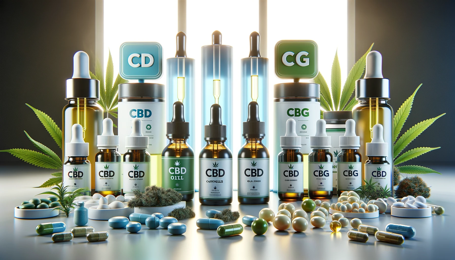 DALL·E 2024-02-20 15.17.33 - A side-by-side comparison of CBD and CBG products, including oil droppers, capsules, and topical creams. Each product is labeled with either _CBD_ or