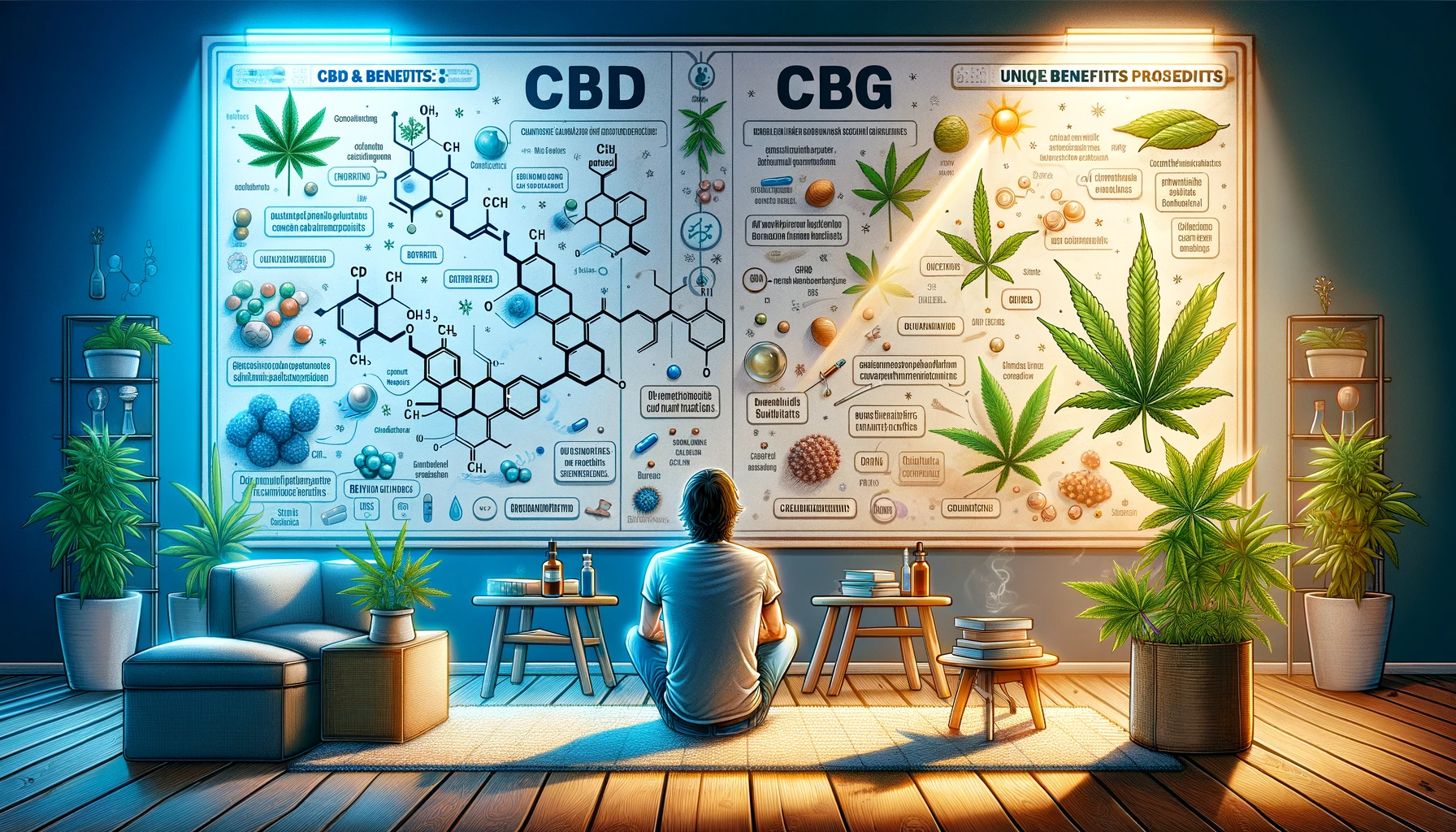 DALL·E 2024-02-20 15.17.45 - An educational chart comparing CBD and CBG, featuring two distinct sections. The left section, labeled _CBD_, illustrates the molecule structure, bene