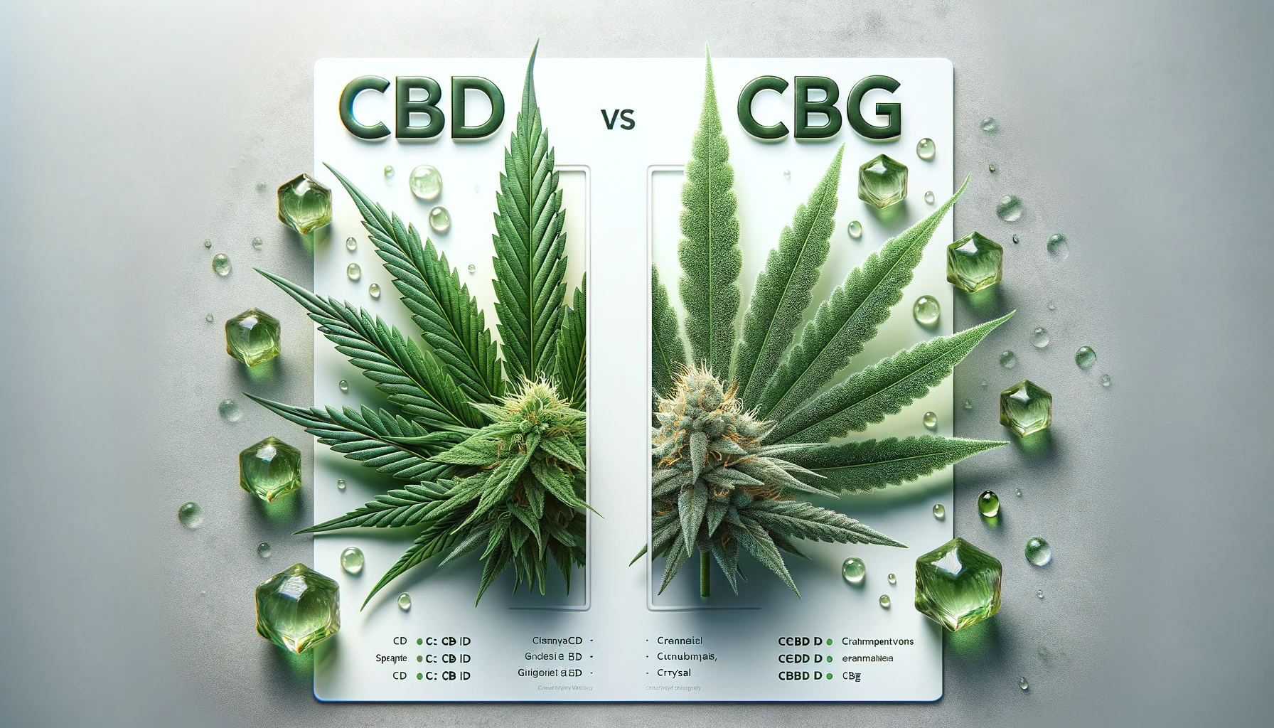 DALL·E 2024-02-20 15.17.46 - Two side-by-side comparison images, one labeled _CBD_ and the other labeled _CBG_. The _CBD_ section features a close-up of green, lush cannabis leave