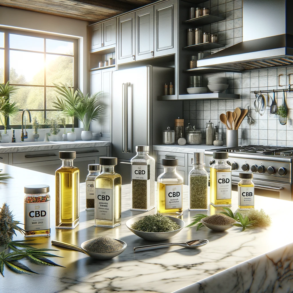 DALL·E 2024-02-20 16.00.03 - A realistic photo capturing a modern kitchen scene with CBD infused cooking oils, herbs, and spices neatly arranged on a marble countertop. The kitche