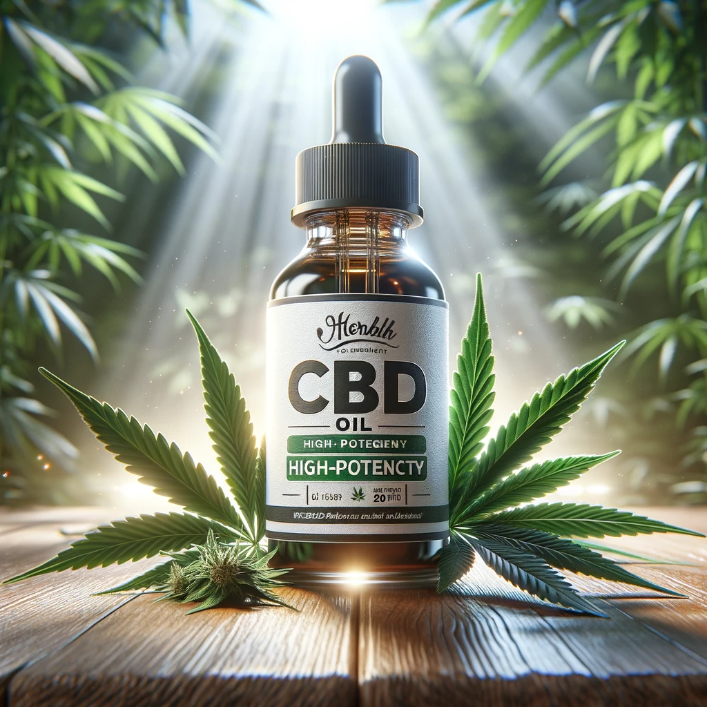 DALL·E 2024-02-20 16.09.52 - A realistic photo of a high-potency CBD oil bottle, prominently displayed with a clear label indicating its strength. The scene is set against a backd