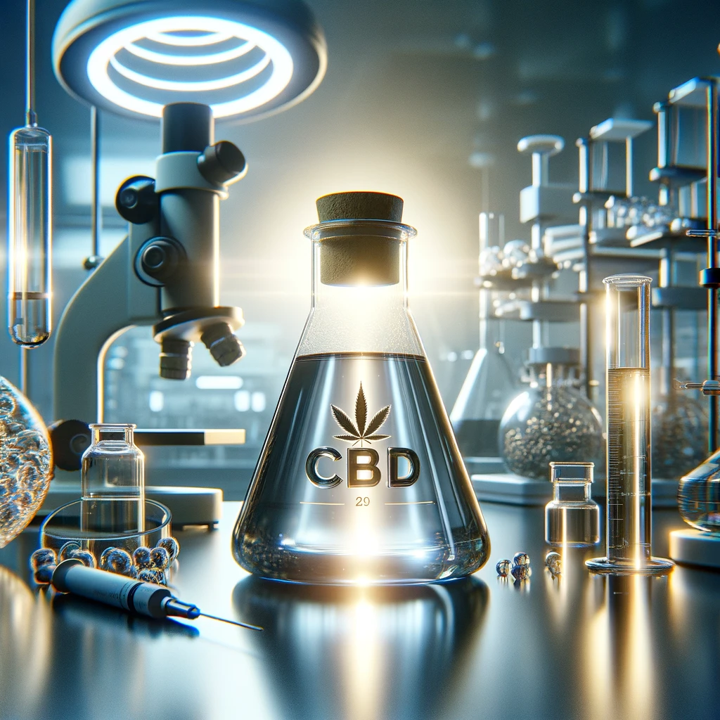DALL·E 2024-02-20 16.09.53 - A realistic photo depicting a laboratory setting where a concentrated CBD solution is being processed, highlighted by clinical lighting that focuses o