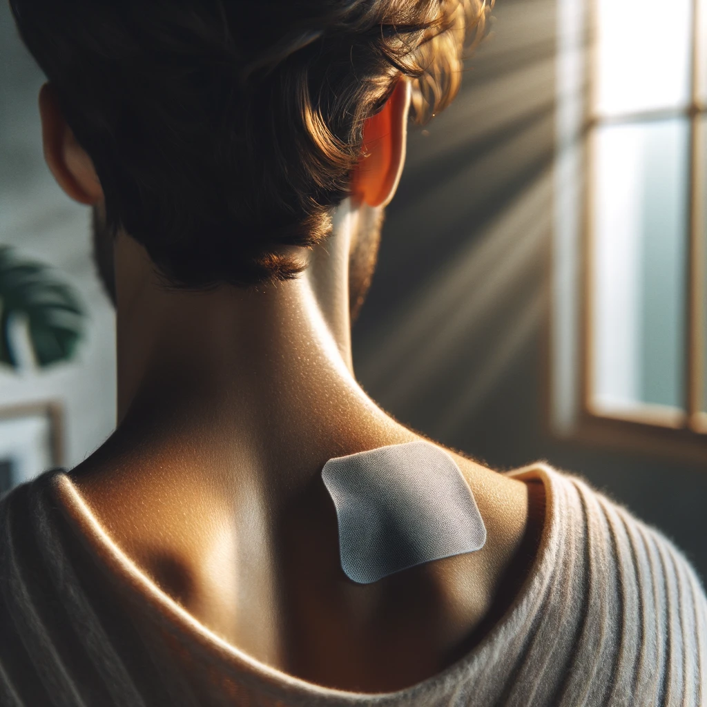 DALL·E 2024-02-20 20.59.54 - A photo focusing on the back of a neck where a CBD patch is applied, with the hairline and skin texture enhancing the image's realism. Morning light s