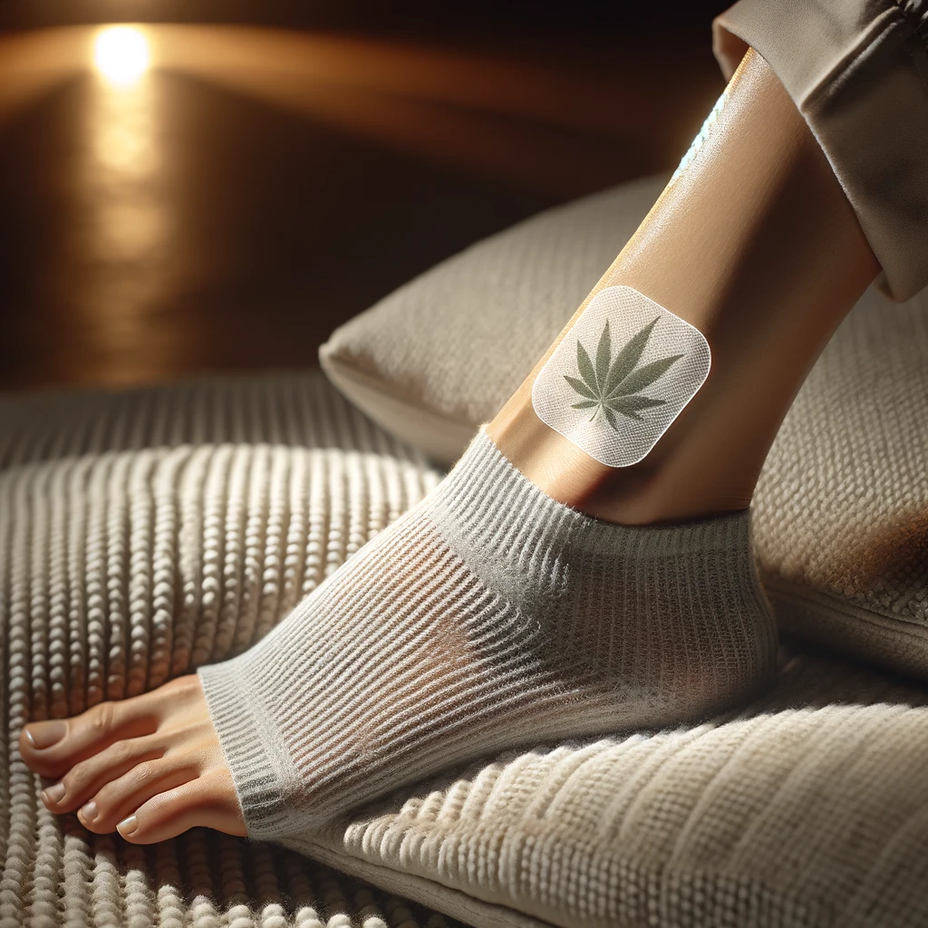 DALL·E 2024-02-20 20.59.57 - A photo showcasing a close-up of an ankle adorned with a transparent CBD patch, blending seamlessly with the skin. Illuminated by soft, diffused indoo