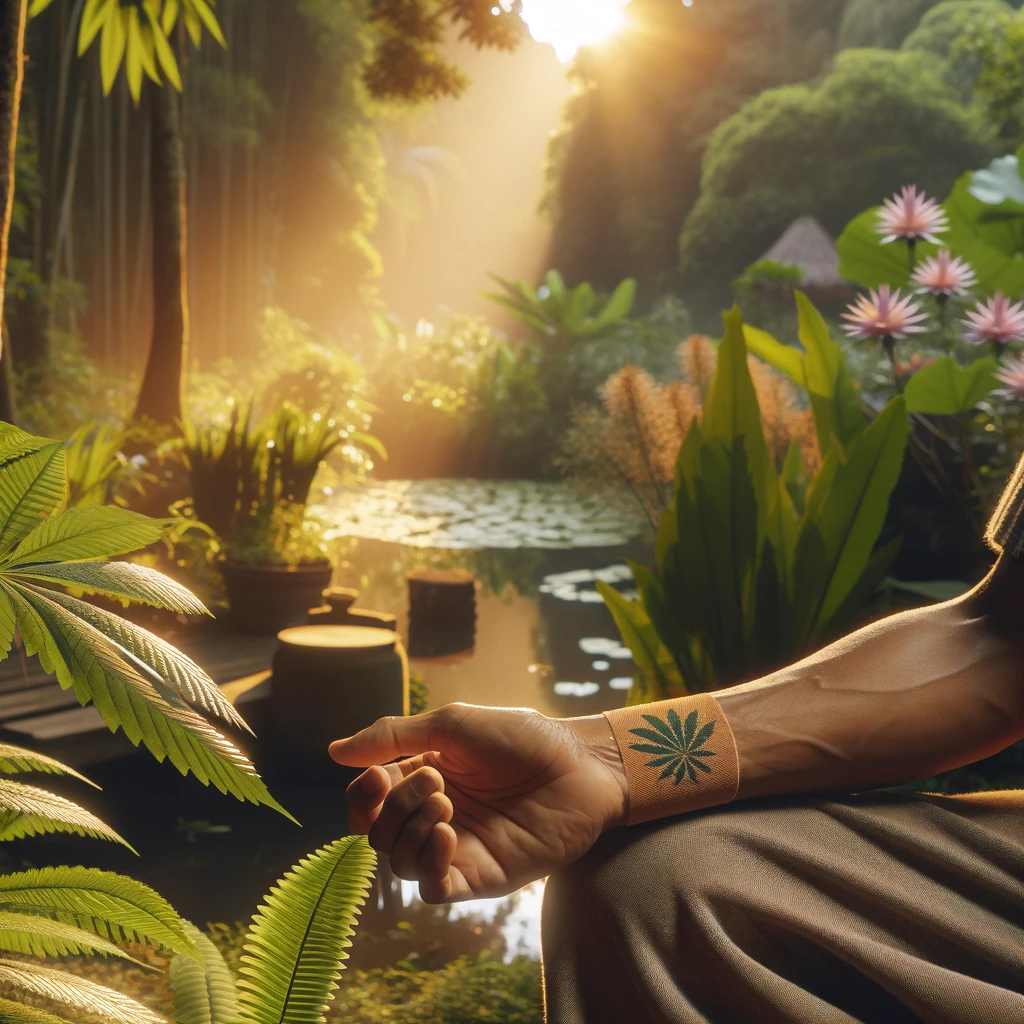 DALL·E 2024-02-20 20.59.59 - A high-definition photo capturing a person sitting in a peaceful garden, with a subtle, skin-toned CBD patch on their wrist. The scene is bathed in go