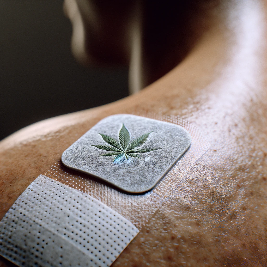 DALL·E 2024-02-20 21.17.25 - A realistic photo showing a close-up view of a CBD patch applied on human skin. The image focuses on the texture and details of the patch and the surr
