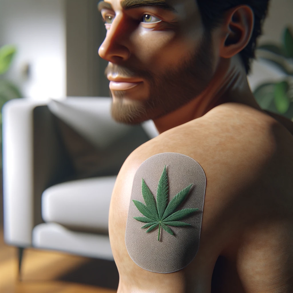 DALL·E 2024-02-20 21.19.36 - A realistic photo of a human body with a CBD patch applied on the skin, capturing a neutral emotion. The setting is indoors with natural lighting, foc