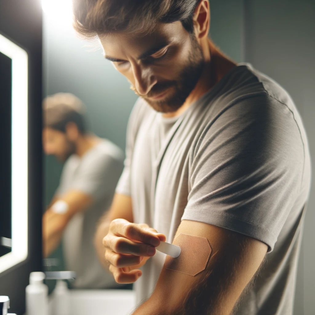 DALL·E 2024-02-20 21.22.14 - A photo capturing a person in the process of applying a CBD patch to their arm, with a focused expression. The scene is set in a modern, well-lit bath