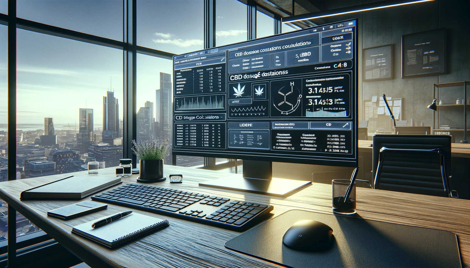 DALL·E 2024-02-21 10.13.09 - Medium_ Photo. Subject_ An elegant office setup with a large monitor displaying a sophisticated software interface for CBD dosage calculations, specif