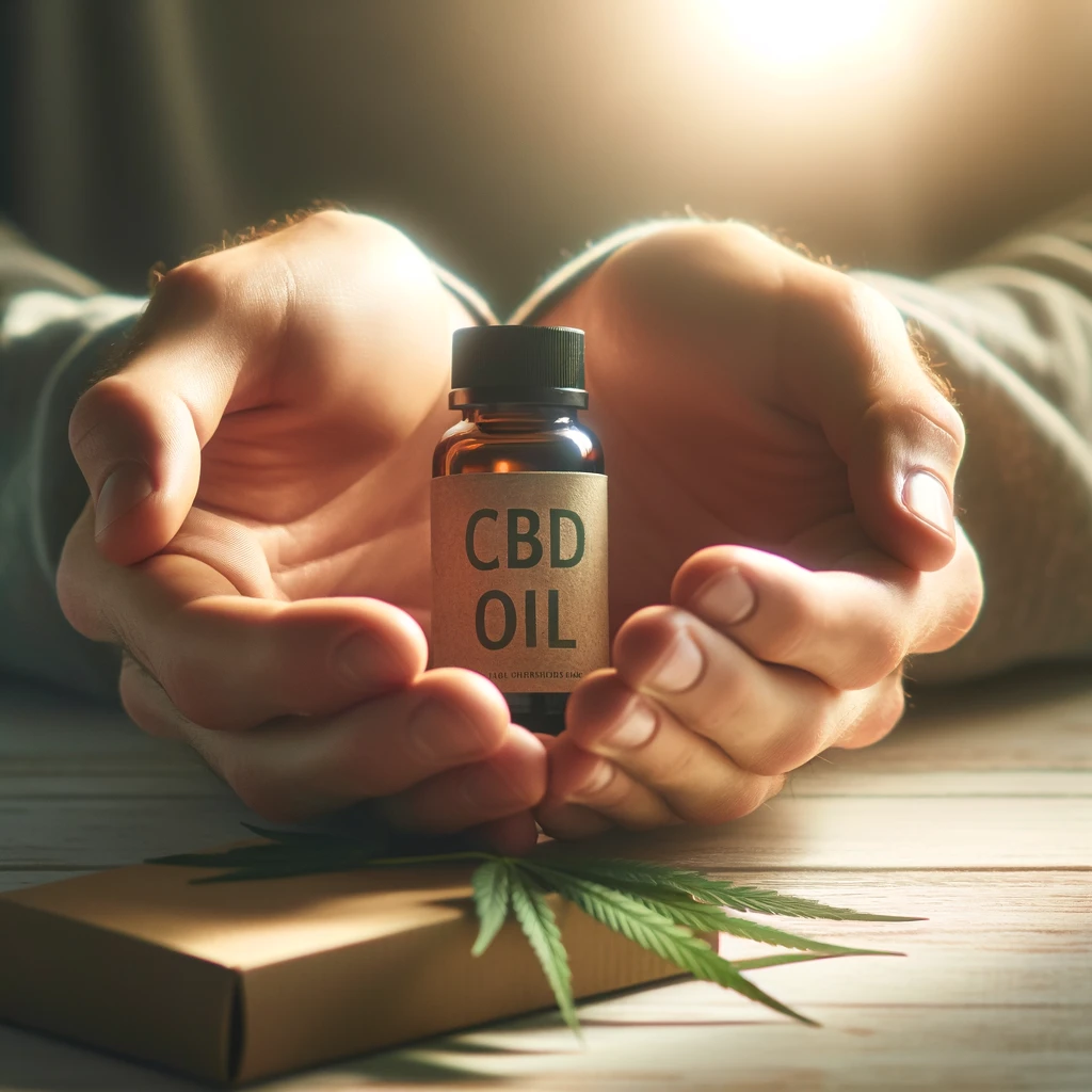 DALL·E 2024-02-21 10.44.21 - A close-up of hands holding a CBD oil bottle with a package in the background. The emotion conveyed is relief and hope, with a soft focus and gentle g