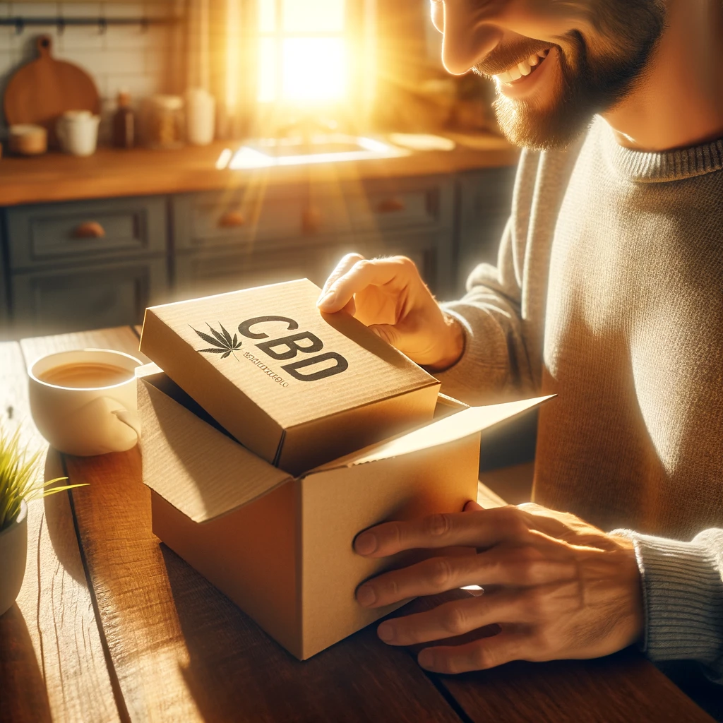 DALL·E 2024-02-21 10.44.23 - A person smiling as they unbox a _CBD_ product package at their kitchen table. The scene is in a cozy kitchen setting with a wooden table, a cup of co