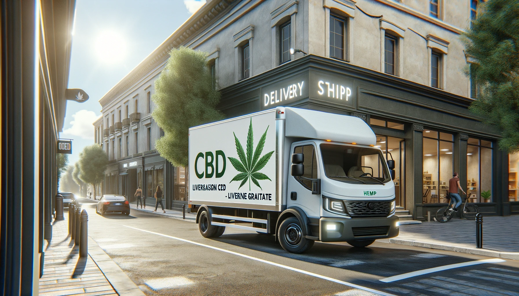 DALL·E 2024-02-21 10.44.48 - A realistic photo of a delivery truck parked on an urban street in front of a shop. The truck has a large, green hemp leaf logo on its side, indicatin